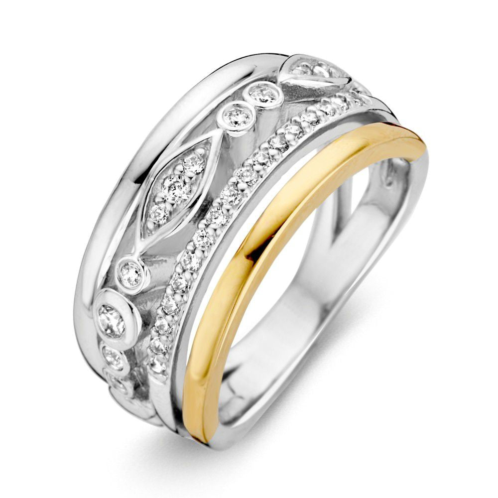Gerhodinierter Silberring für Damen mit 14-karätigem Gold und Zirkonia, dreifach geschichtet