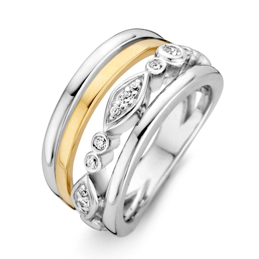 Zilberner Damenring mit 14-karätigem Gelbgold und Zirkonia, drei Ringe in einem Design