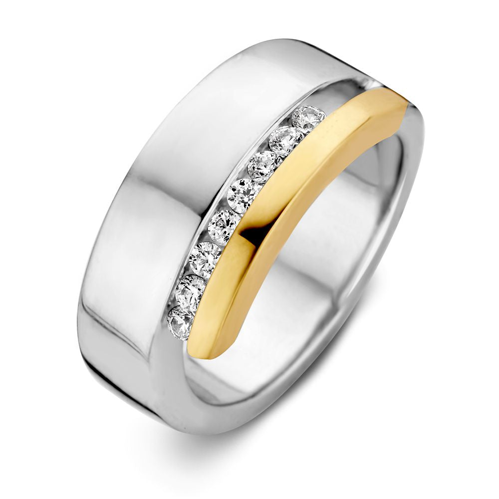 Ring aus Silber mit goldener Lünette und Zirkonia-Steinen in der Mitte