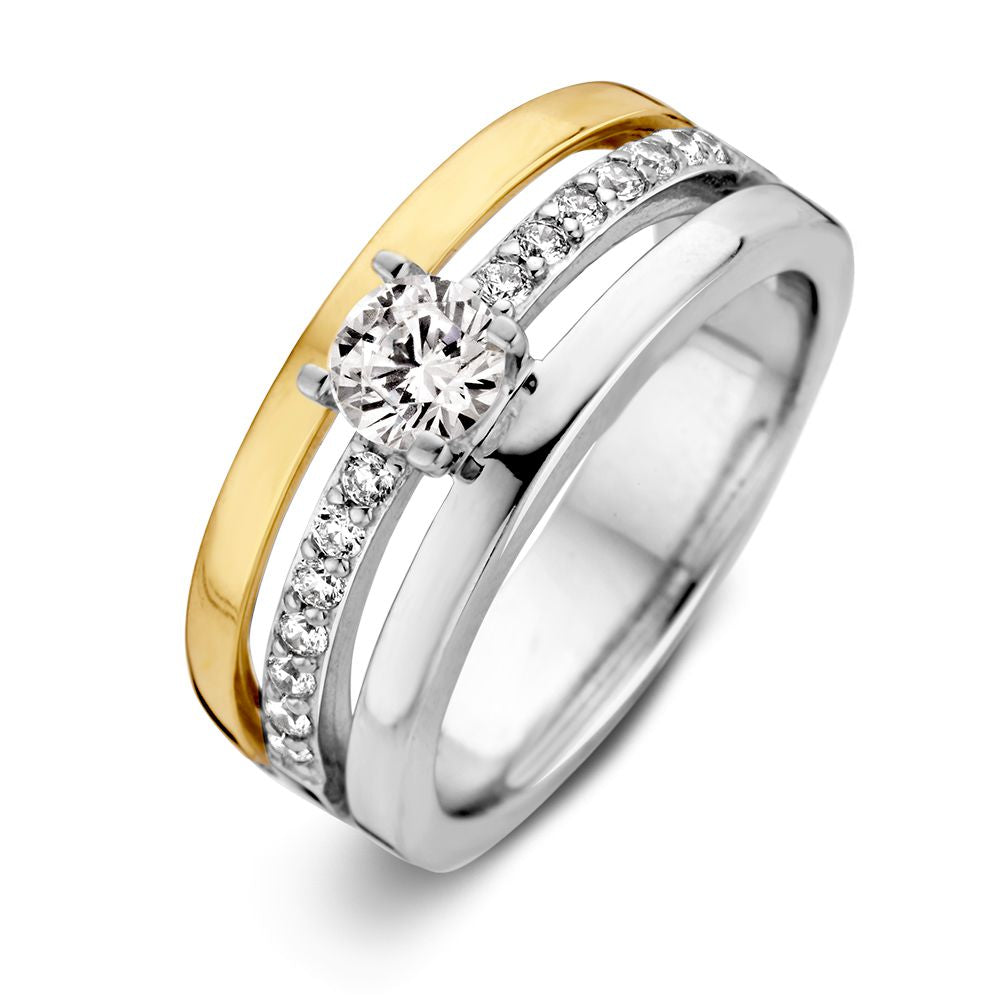 Damenring aus Silber mit 14 Karat Gold und Zirkonia, mit einem zentralen Stein und einer glänzenden Oberfläche