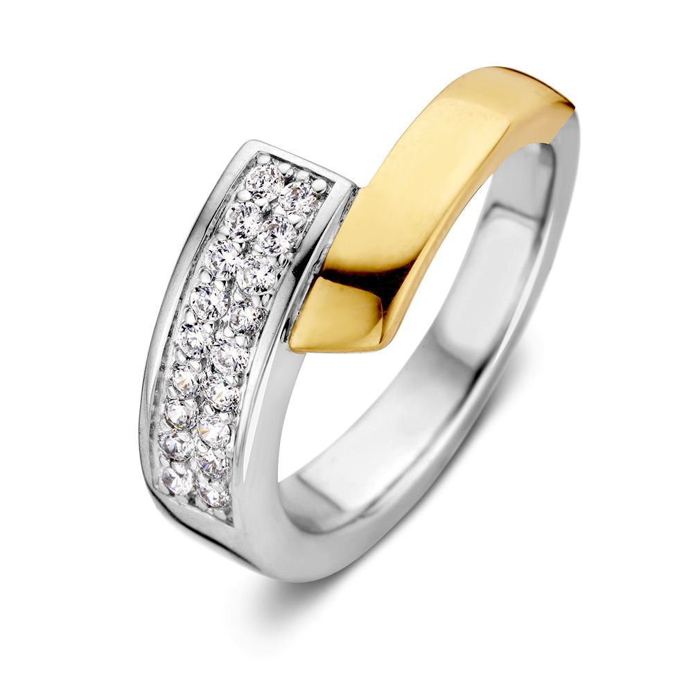 Eleganter Damenring aus Silber mit 14 Karat Gelbgold und Zirkonia, geschwungene Form mit funkelnden Steinen