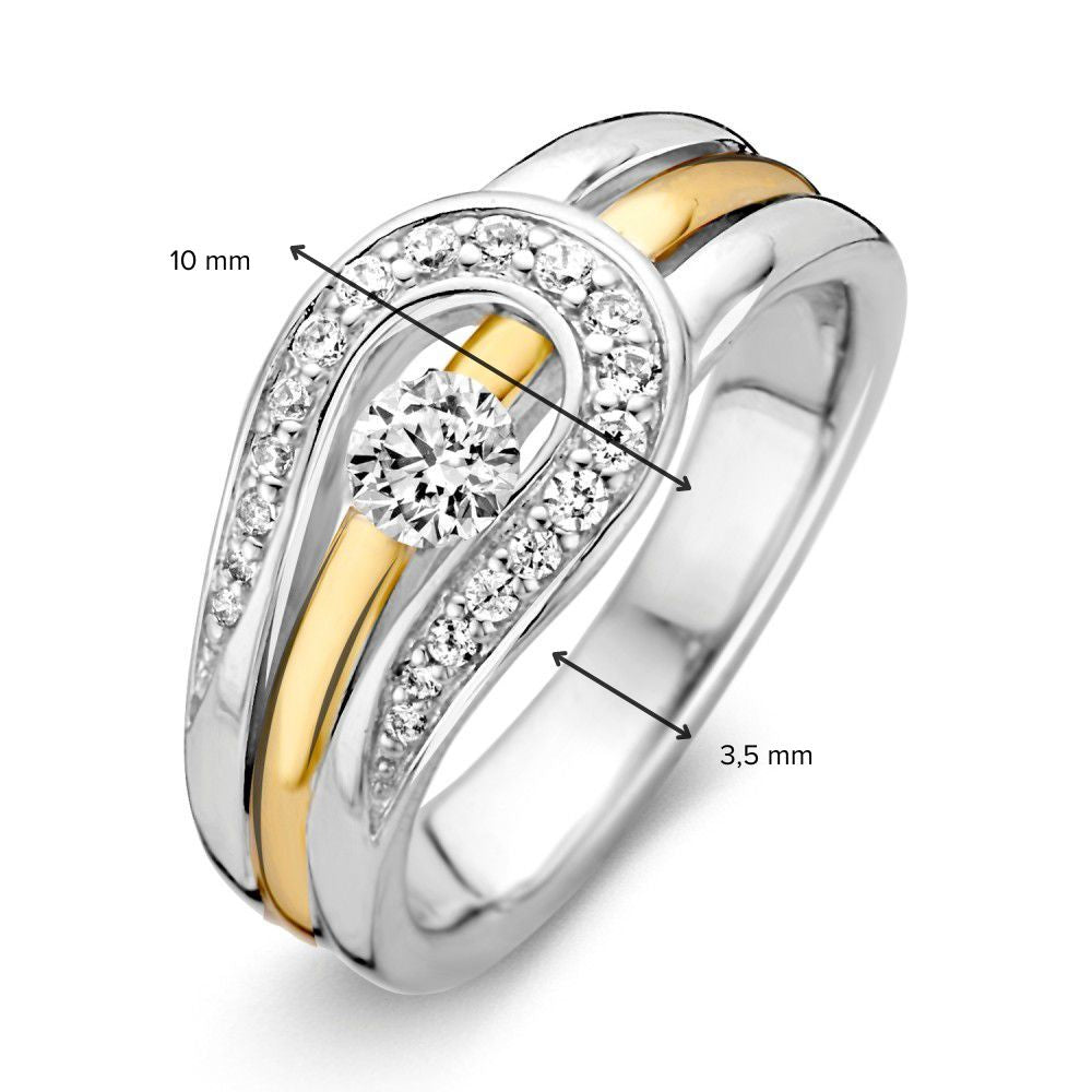 Rhodinierter Damenring aus Silber mit 14 Karat Gold und Zirkonia