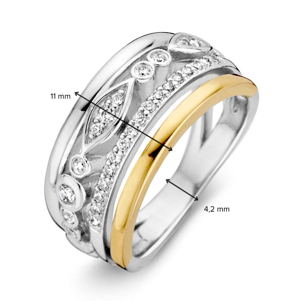 Rhodinierter Damenring aus Silber mit 14 Karat Gold und Zirkonia
