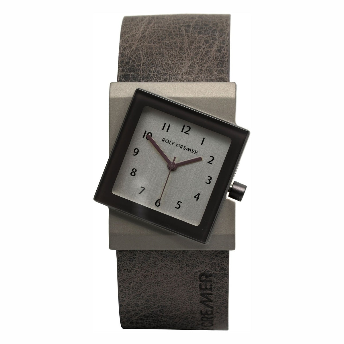 Quadratische Uhr mit grauem Zifferblatt, braunem Lederarmband und schwarzem Gehäuse