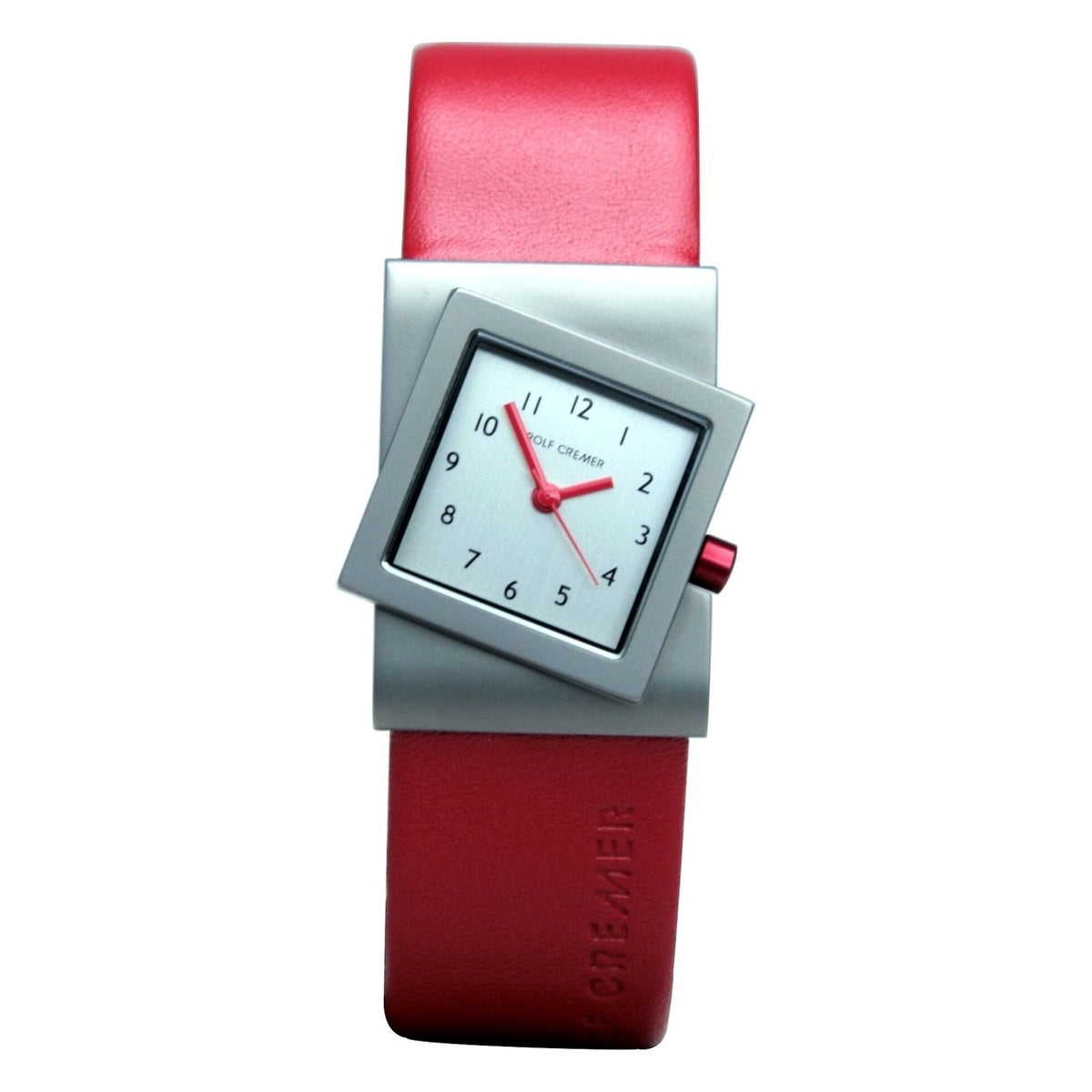 Quadratische Uhr mit silbernem Gehäuse, weißem Zifferblatt und rotem Lederarmband