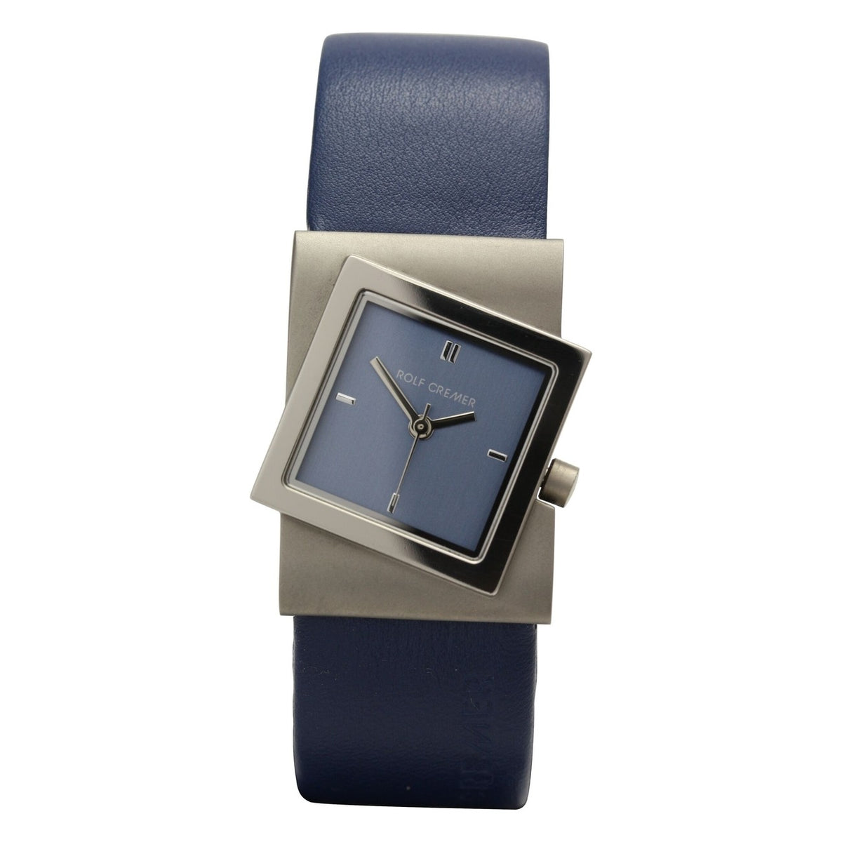 Uhr mit quadratischem Gehäuse, blauem Zifferblatt und blauem Lederarmband