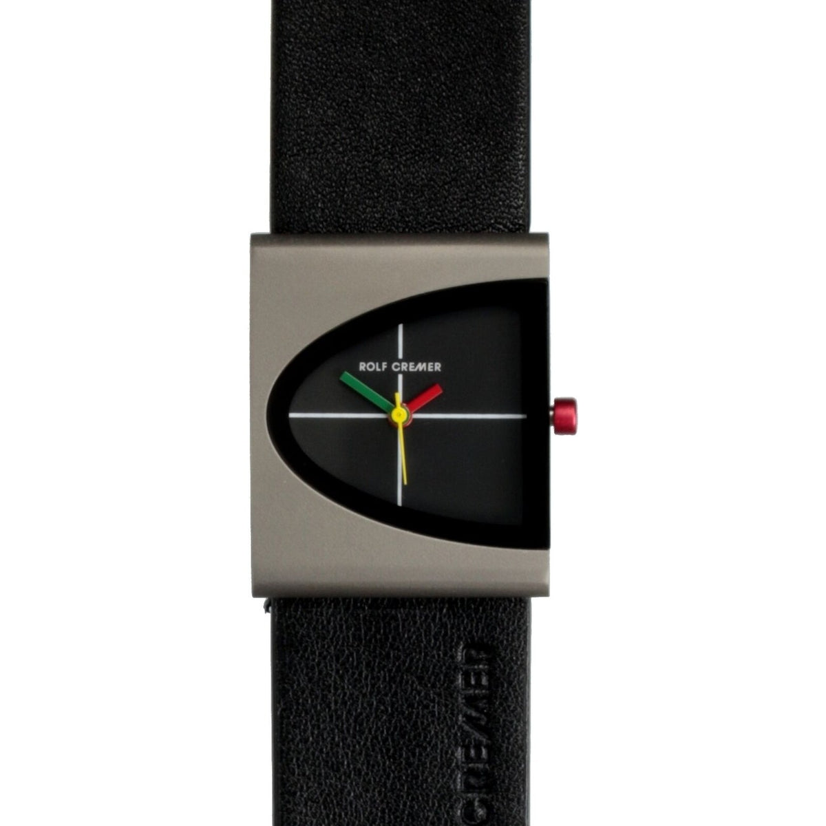 Schwarzes Lederarmband mit quadratischem Gehäuse, schwarzem Zifferblatt und bunten Zeigern