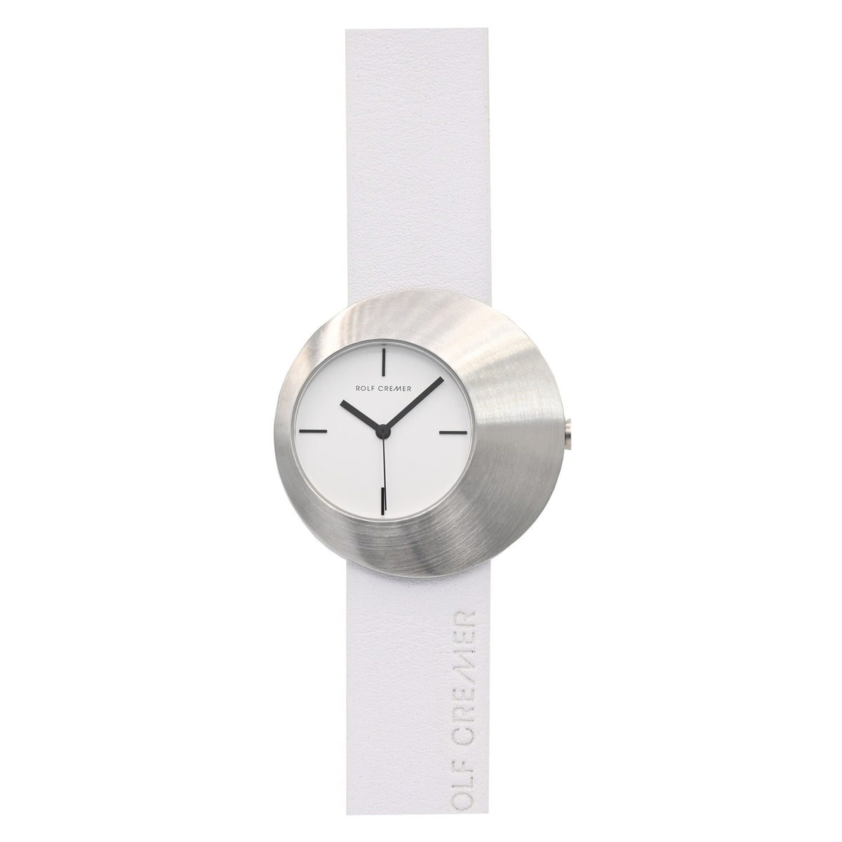 Uhr mit silbernem Gehäuse, weißem Zifferblatt und weißem Armband