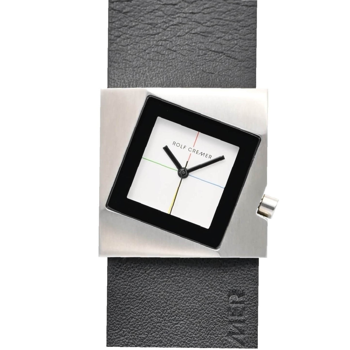 Quadratisches Rolf Cremer Uhr mit schwarzem Gehäuse, weißem Zifferblatt und schwarzem Lederarmband