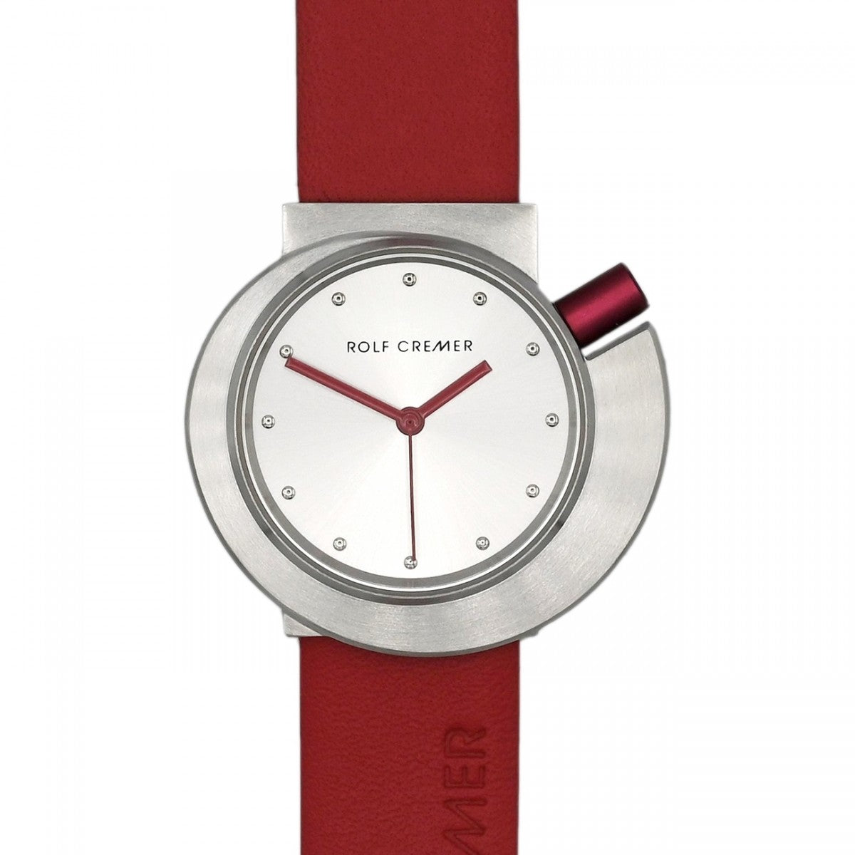 Uhr mit silbernem Gehäuse, weißem Zifferblatt und rotem Lederarmband