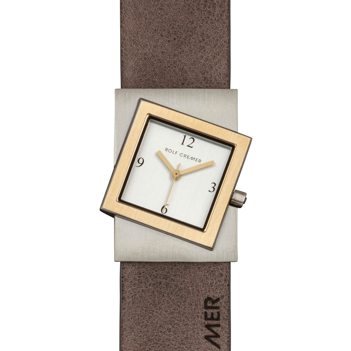 Quadratische Uhr mit silbernem Gehäuse, weißem Zifferblatt und braunem Lederarmband