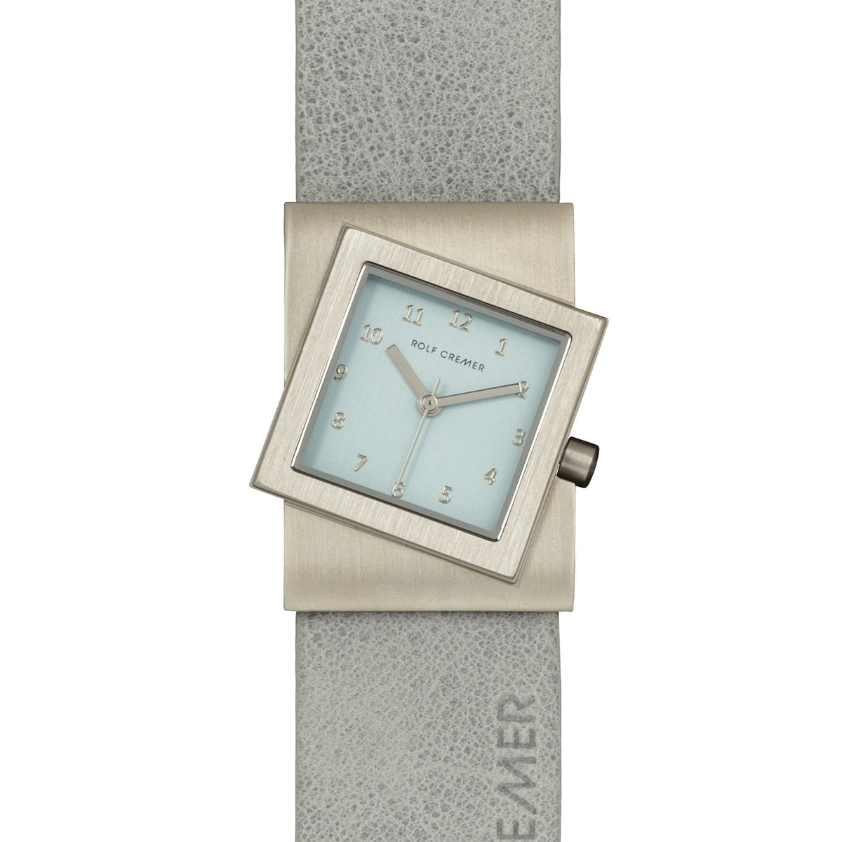 Quadratische Uhr mit silbernem Gehäuse, hellblauem Zifferblatt und grauem Lederarmband
