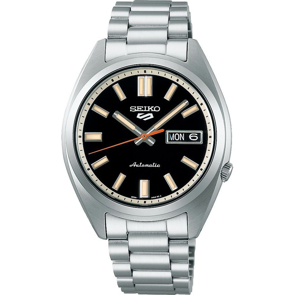 Herrenarmbanduhr Seiko 5 Sport mit schwarzem Zifferblatt, silbernem Gehäuse und Metallarmband