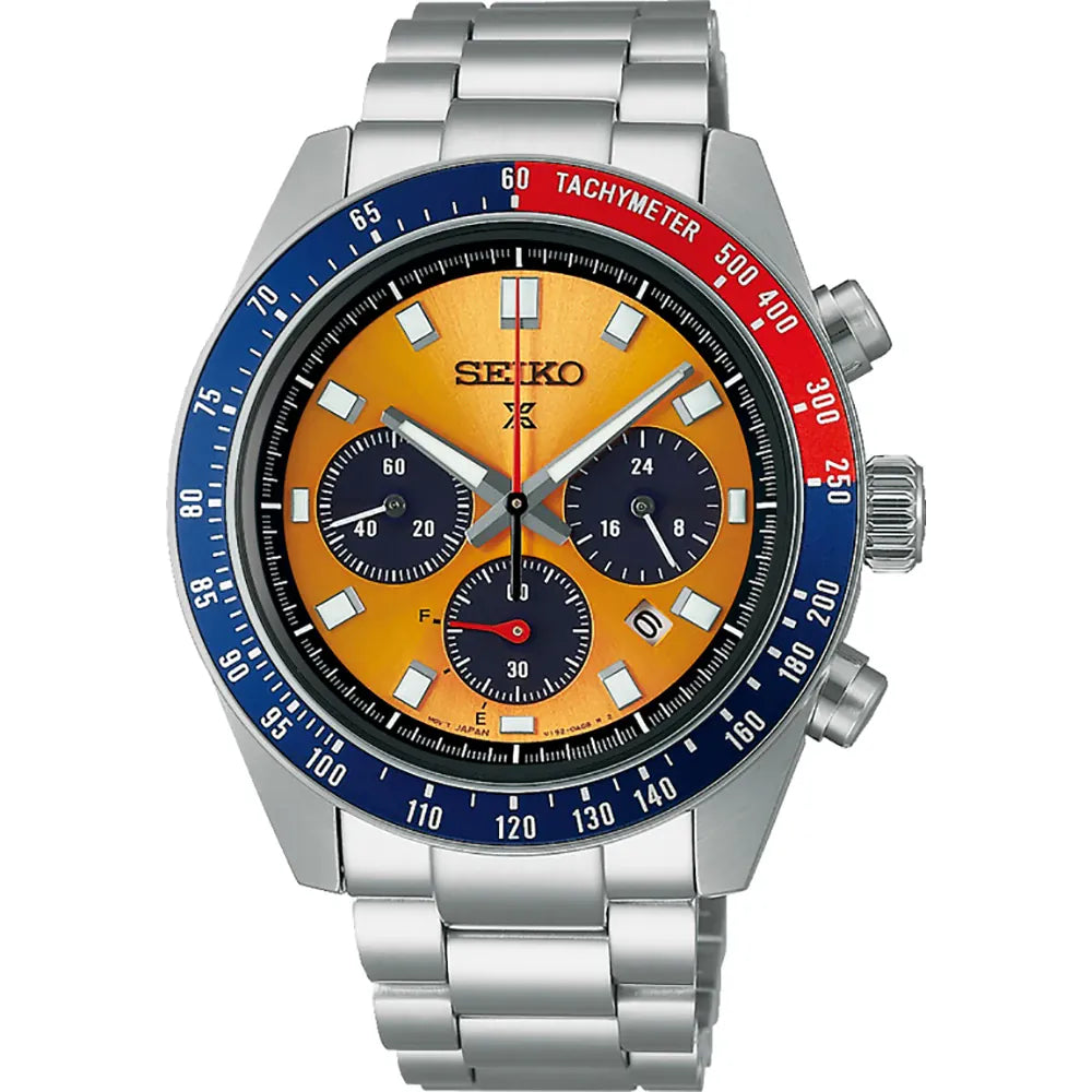 Herrenchronograph mit orangefarbenem Zifferblatt, blau-roter Lünette und Edelstahlarmband
