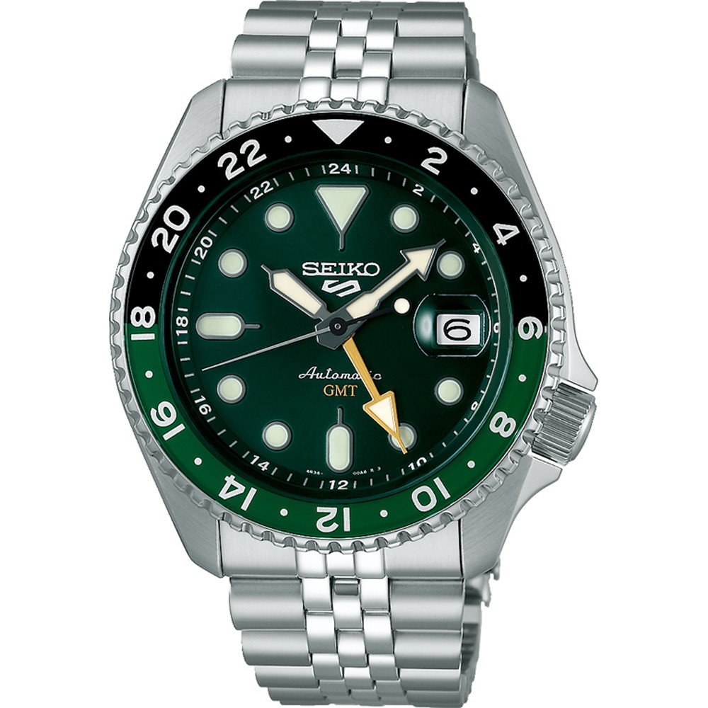Herrenarmbanduhr mit grünem Zifferblatt, Edelstahlgehäuse und -armband, drehbare Lünette.