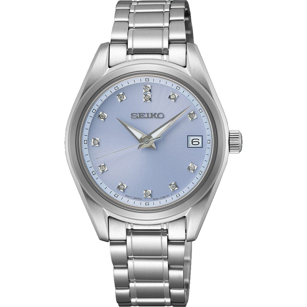 Silberne Uhr mit blauem Zifferblatt, Diamanten als Indizes und Edelstahlarmband