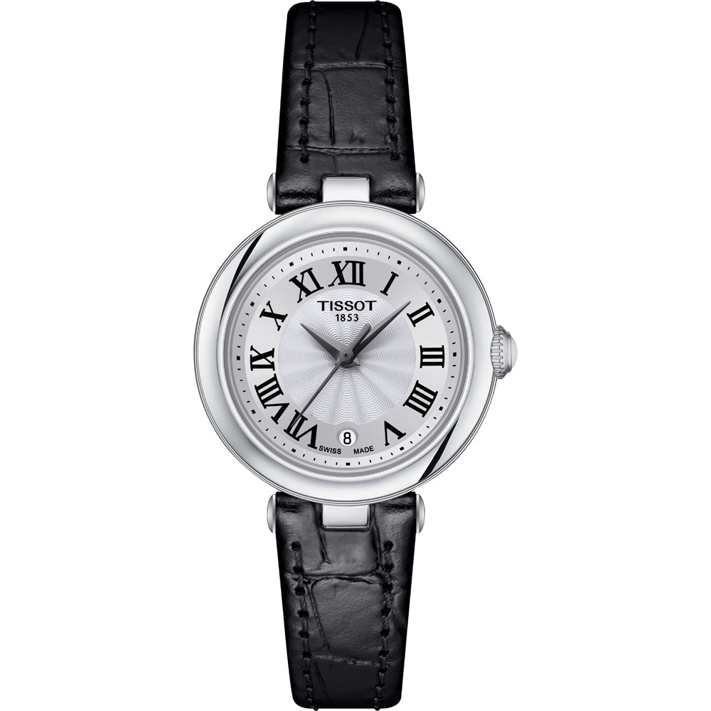 Uhr mit silbernem Zifferblatt, schwarzem Lederarmband und römischen Ziffern