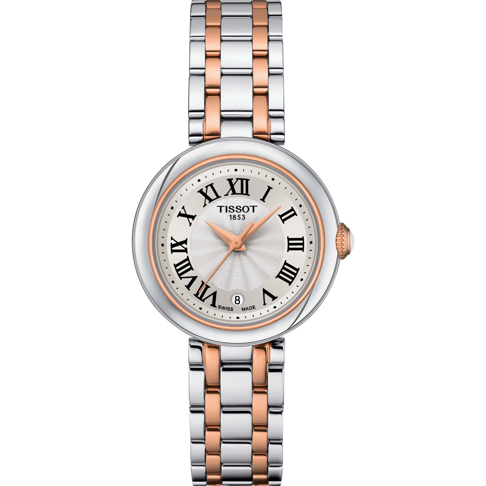 Uhr mit silbernem Gehäuse, roségoldenem Armband und silbernem Zifferblatt mit römischen Ziffern