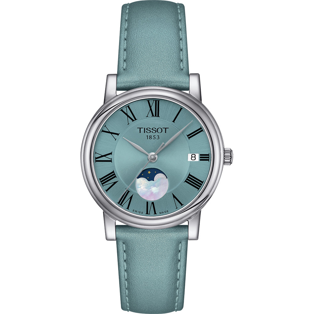 Uhr mit grünem Zifferblatt, römischen Ziffern, silbernem Gehäuse und blauem Lederarmband