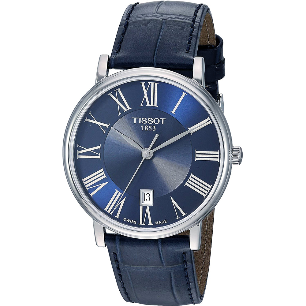 Herrenarmbanduhr mit blauem Zifferblatt, römischen Ziffern und braunem Lederarmband