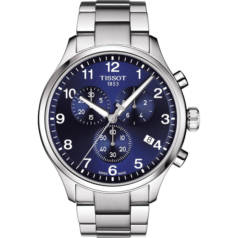 Herrenarmbanduhr mit silbernem Gehäuse und blauem Zifferblatt, Chronograph mit Datumsanzeige