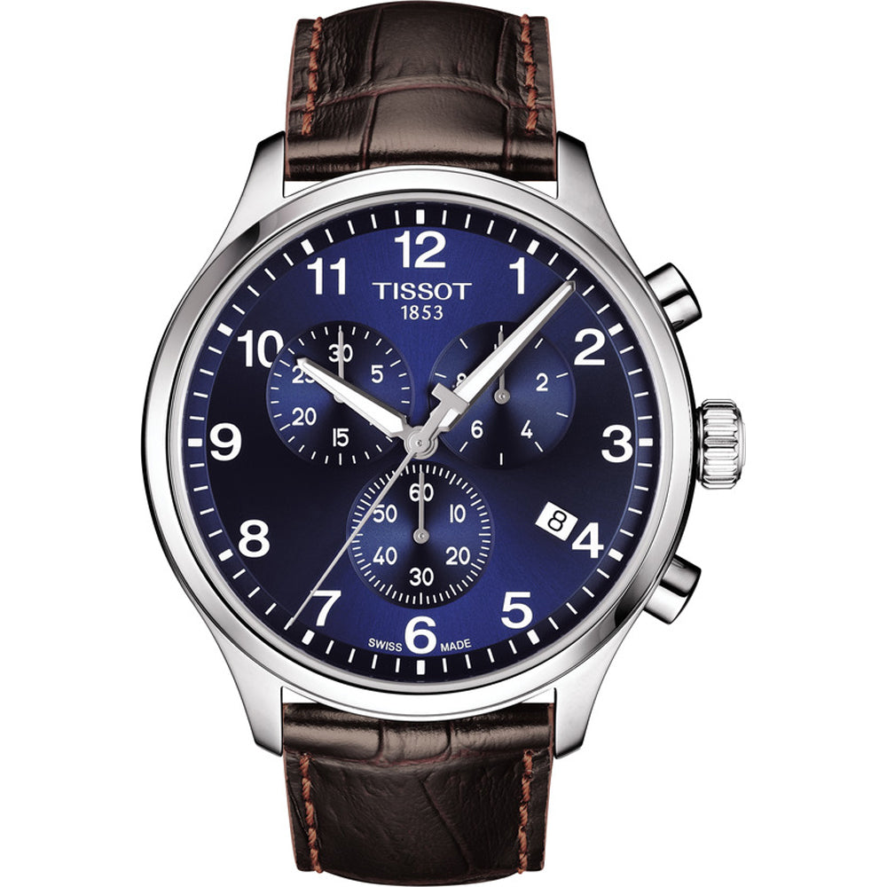 Herrenchronograph mit blauem Zifferblatt, silbernem Gehäuse und braunem Lederarmband