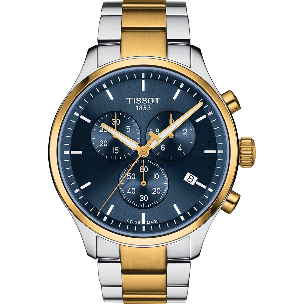 Herrenchronograph mit blauem Zifferblatt, goldenen Akzenten und Edelstahlarmband in Silber und Gold