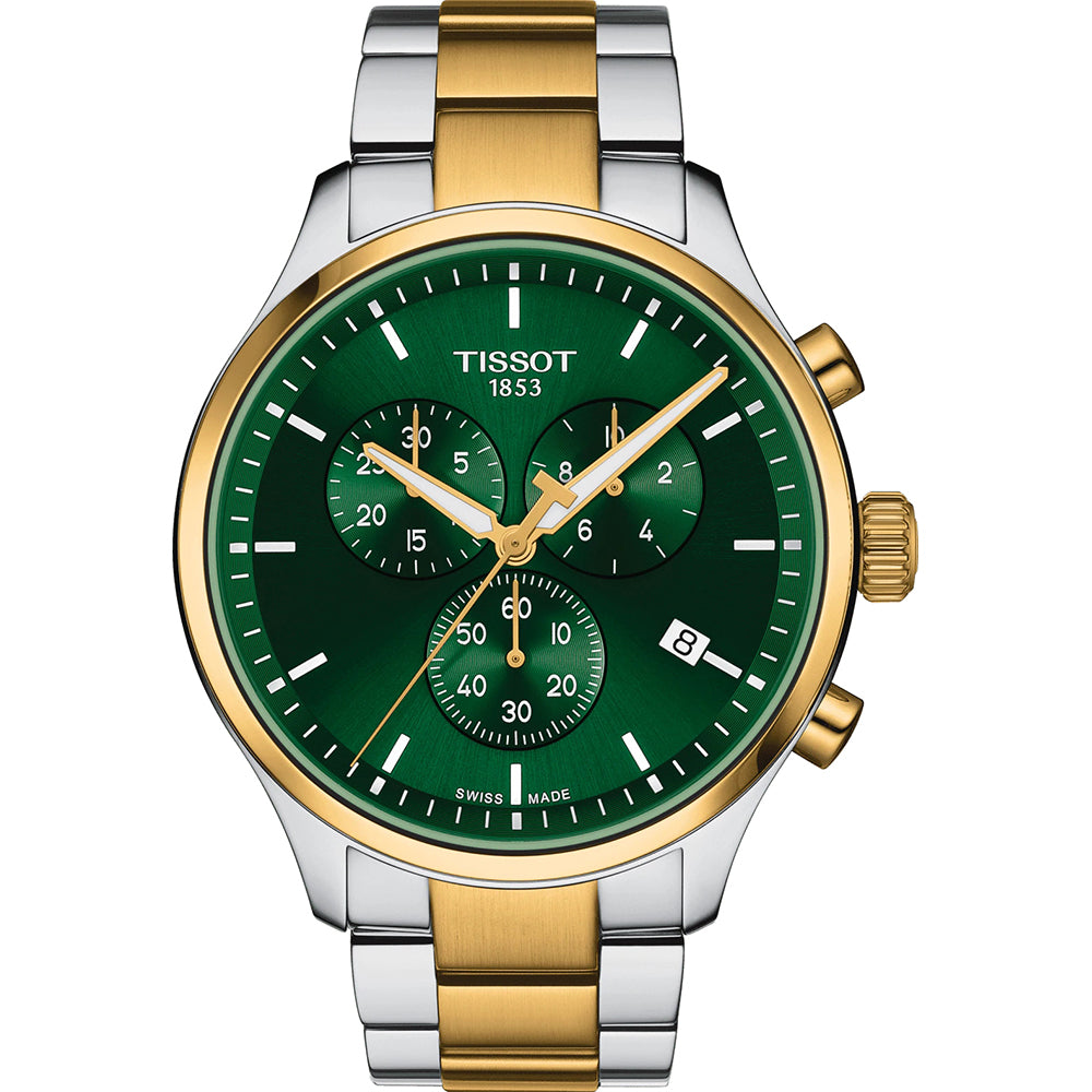 Herrenchronograph mit grünem Zifferblatt, goldfarbenem Gehäuse und silbernem Armband
