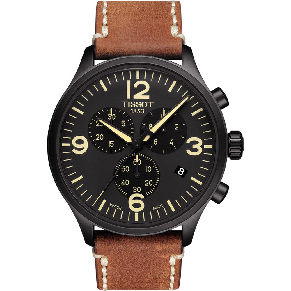 Herrenchronograph mit schwarzem Zifferblatt, braunem Lederarmband und schwarzem Gehäuse