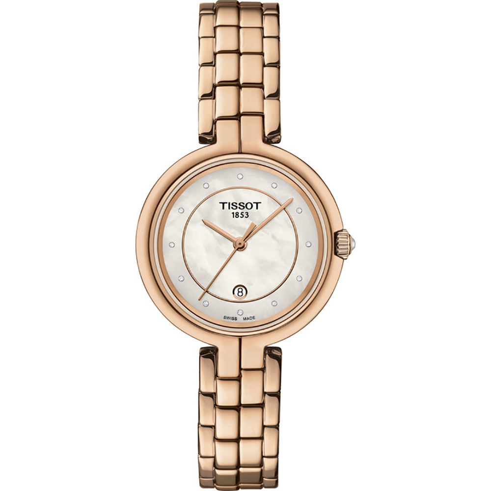 Uhr mit roségoldenem Gehäuse, weißem Zifferblatt und glänzendem Armband aus Metall
