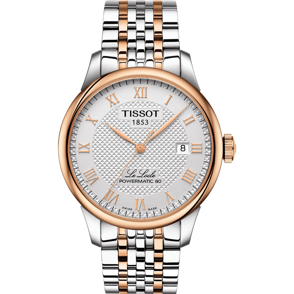 Uhr mit silbernem Gehäuse, roségoldener Lünette und weißem Zifferblatt, Armband aus Edelstahl mit Mesh-Design