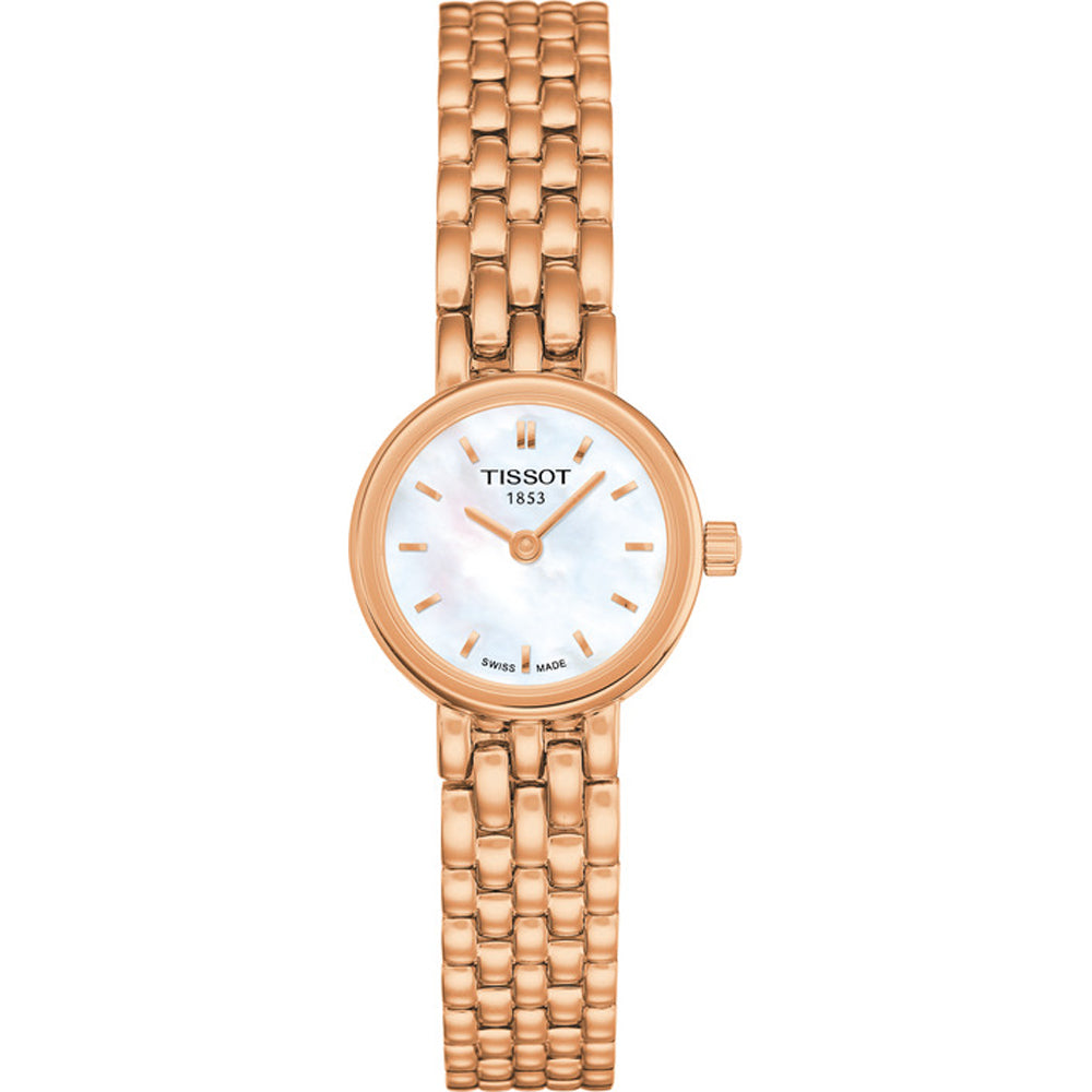 Uhr mit roségoldenem Gehäuse und Armband, mit weißem Zifferblatt und goldenen Indizes