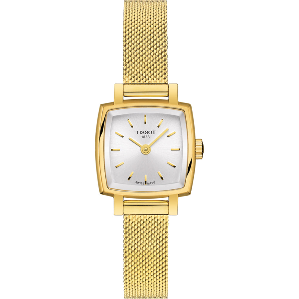 Damenarmbanduhr mit quadratischem Gehäuse aus Gold, silbernem Zifferblatt und goldenem Mesh-Armband