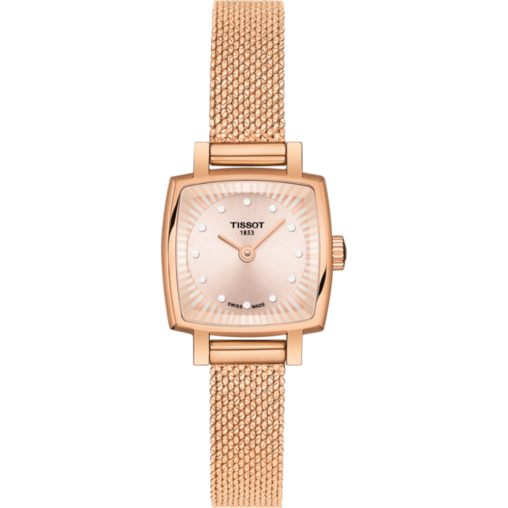 Uhr mit quadratischem Gehäuse, roségoldenem Mesh-Armband und silbernem Zifferblatt mit feinen Linien