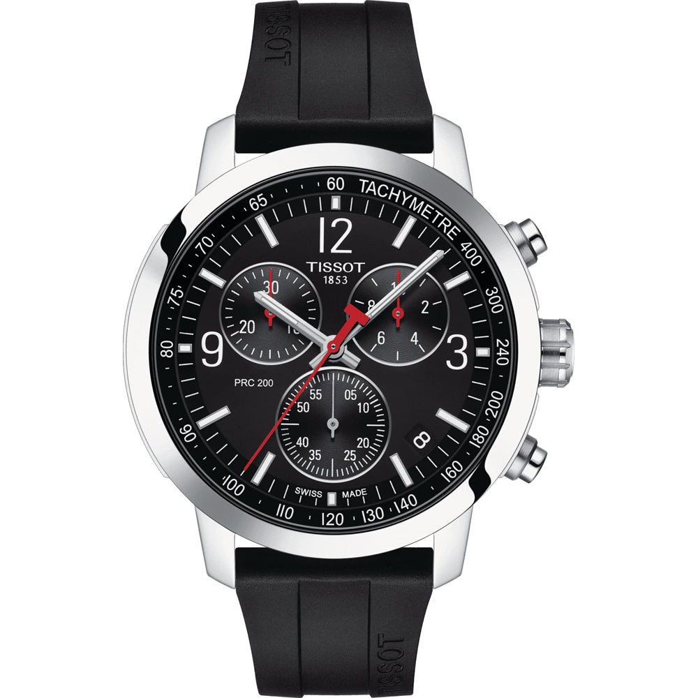 Chronograph mit schwarzem Zifferblatt, silbernem Gehäuse und schwarzem Gummiarmband