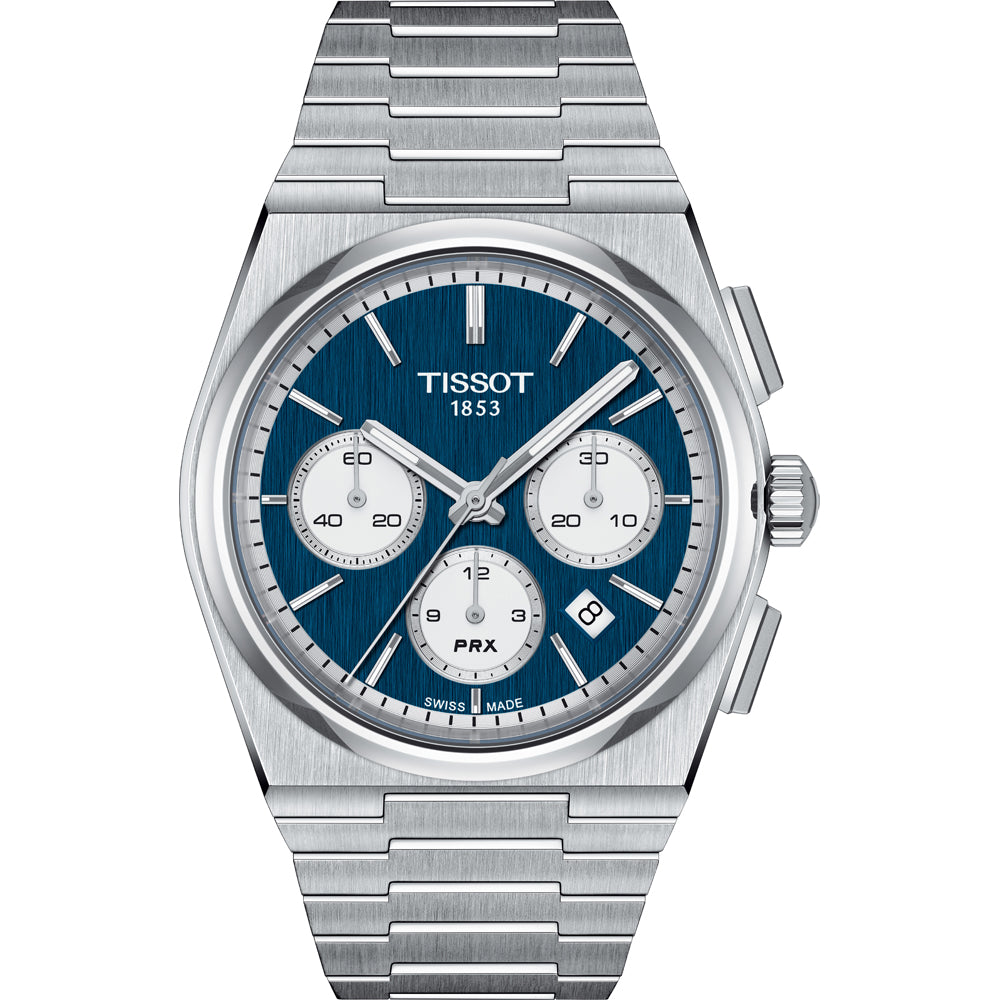 Automatische Chronograph mit silbernem Gehäuse, blauem Zifferblatt und silbernem Mesh-Armband