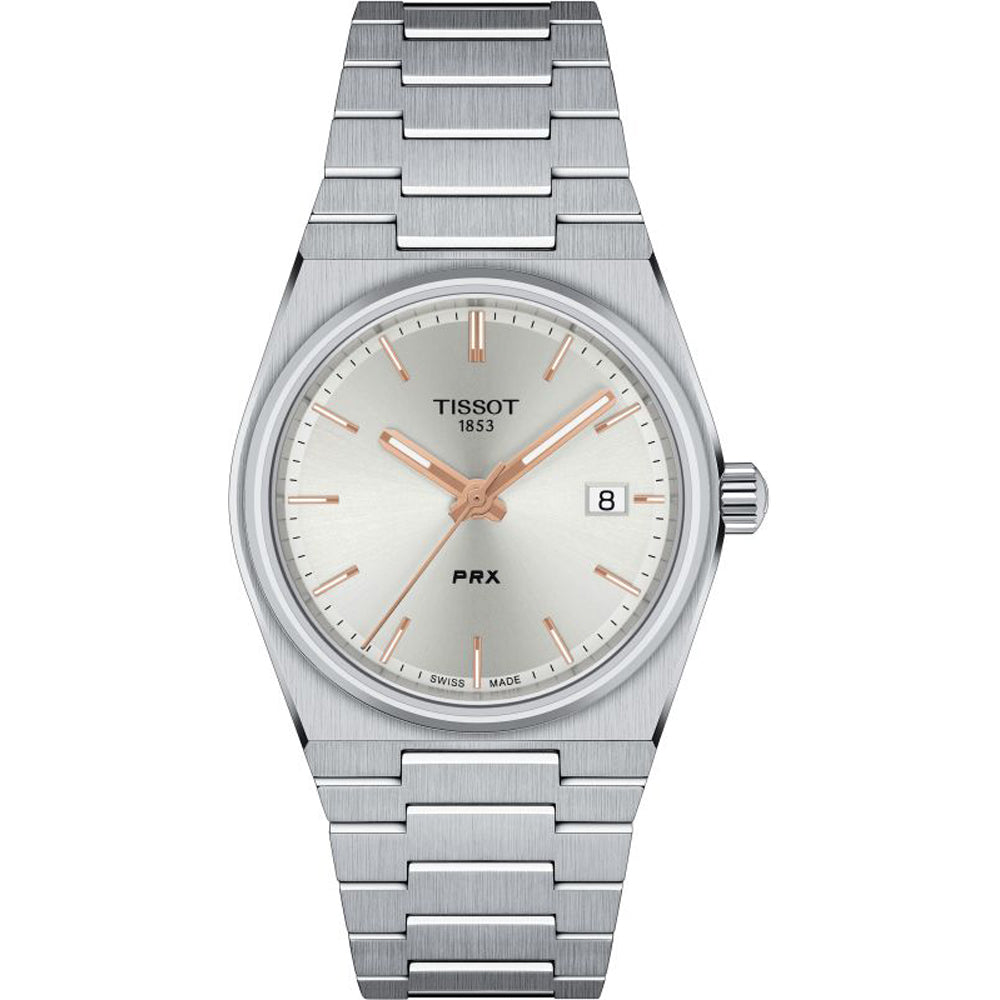 Uhr mit silbernem Zifferblatt, Edelstahlgehäuse und -armband, Datumsanzeige bei 3 Uhr