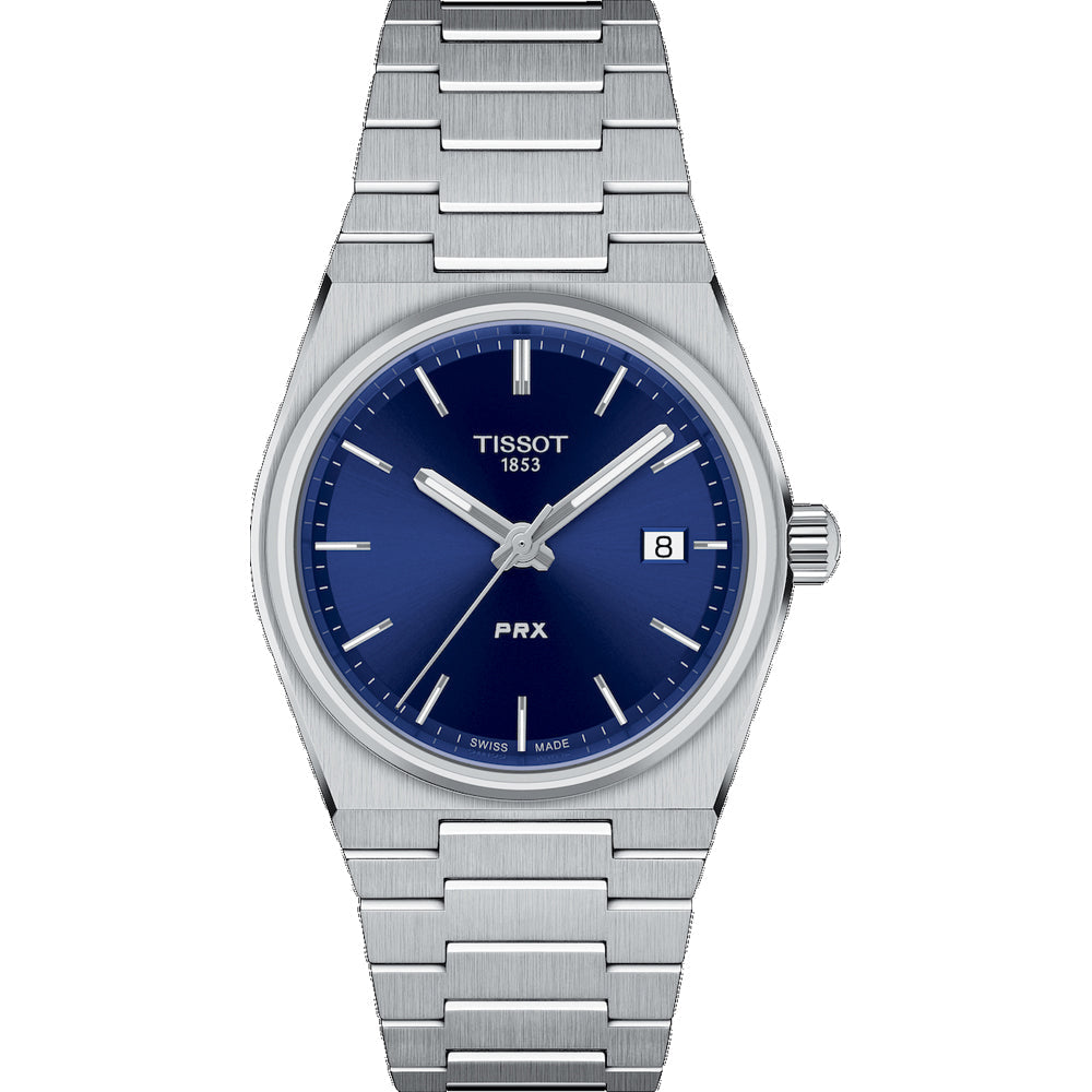 Uhr mit blauem Zifferblatt, silbernem Gehäuse und Edelstahl-Mesh-Armband