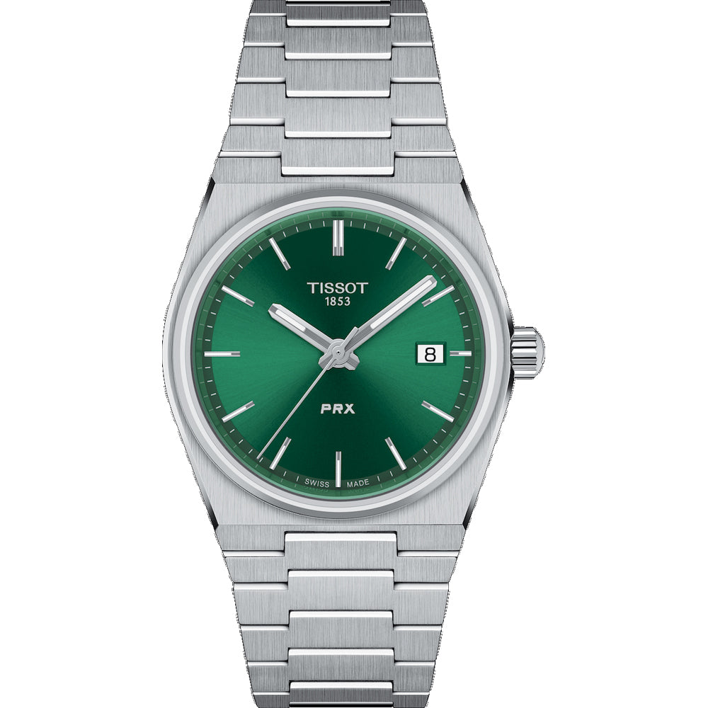 Uhr mit grünem Zifferblatt, Edelstahl-Gehäuse und -Armband, Datumsanzeige auf der 3-Uhr-Position