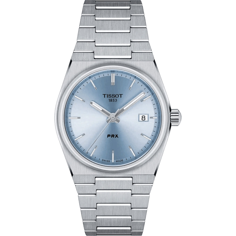 Uhr mit silbernem Gehäuse, blauem Zifferblatt und Edelstahl-Mesh-Armband, Datumsanzeige bei 3 Uhr