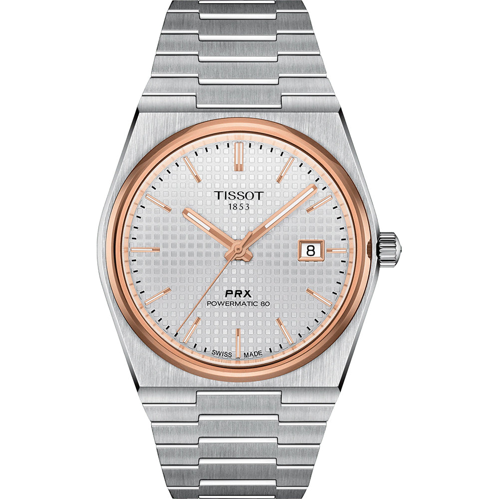 Uhr mit silbernem Zifferblatt, roségoldener Lünette und Edelstahl-Mesh-Armband