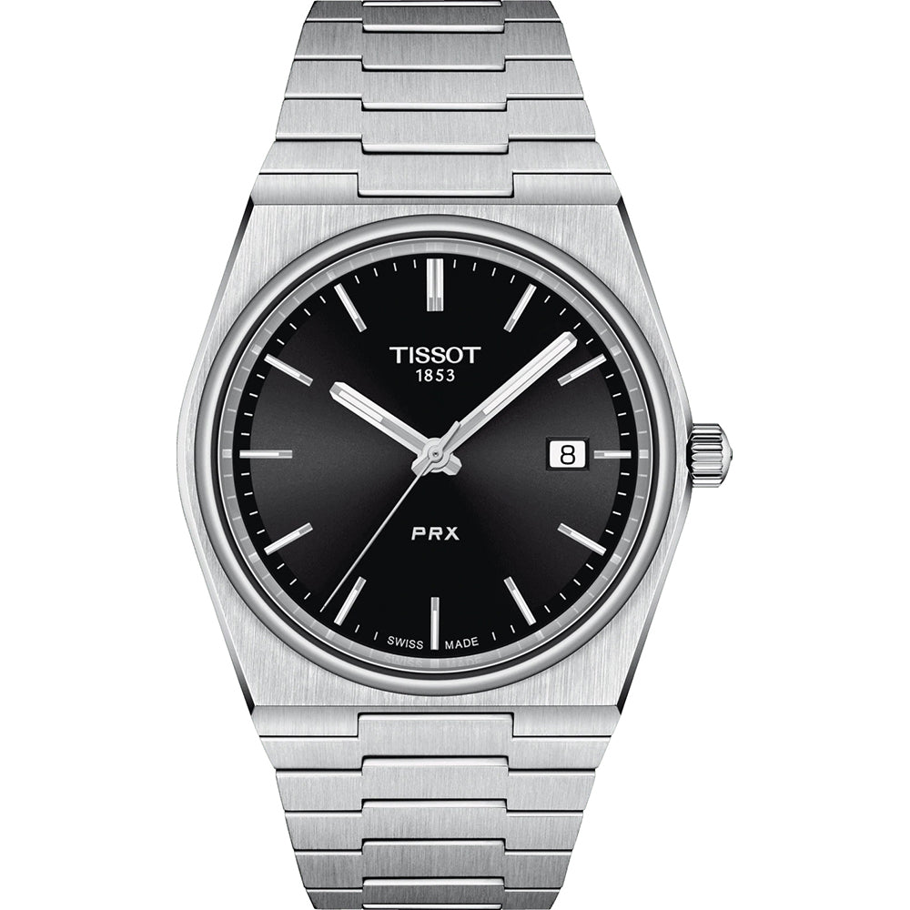 Uhr mit schwarzem Zifferblatt, Edelstahl-Gehäuse und -Armband, Datumsanzeige auf 3 Uhr