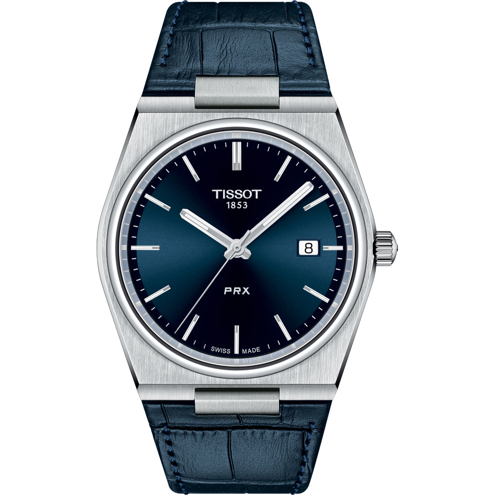 Uhr mit silbernem Gehäuse, blauem Zifferblatt und dunkelblauem Lederarmband