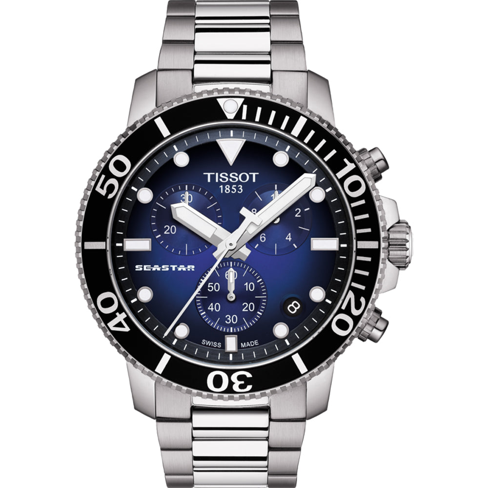 Tissot Seastar 1000 Chronograph mit blauem Zifferblatt, silbernem Gehäuse und Edelstahlarmband