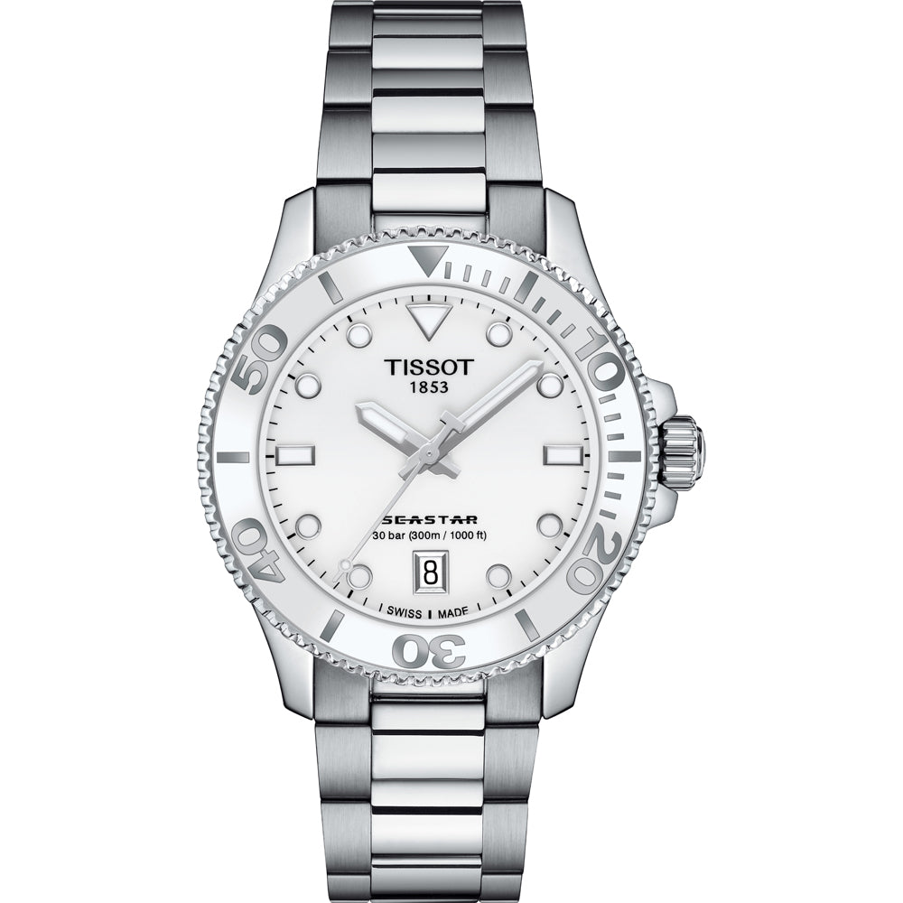 Uhr Tissot Seastar 1000 mit silbernem Gehäuse, weißem Zifferblatt und silbernem Armband