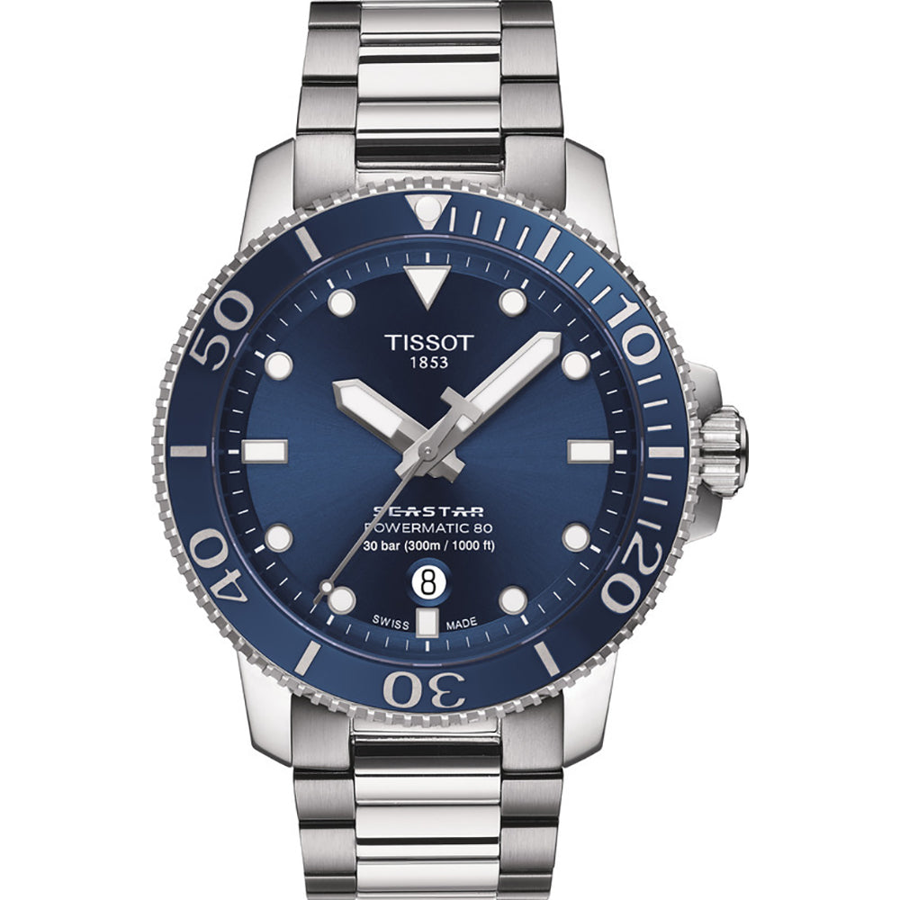 Taucheruhr mit blauem Zifferblatt, Edelstahlgehäuse und -armband, Lünette mit weißen Markierungen.