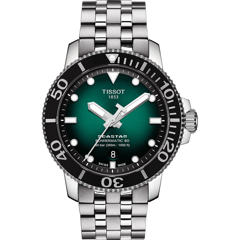 Taucheruhr mit grünem Zifferblatt, schwarzer Lünette und Edelstahl-Mesh-Armband