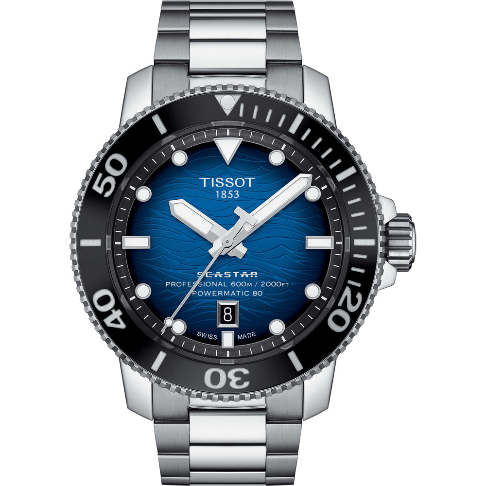 Taucheruhr mit blauem Zifferblatt, schwarzer Lünette und Edelstahl-Armband