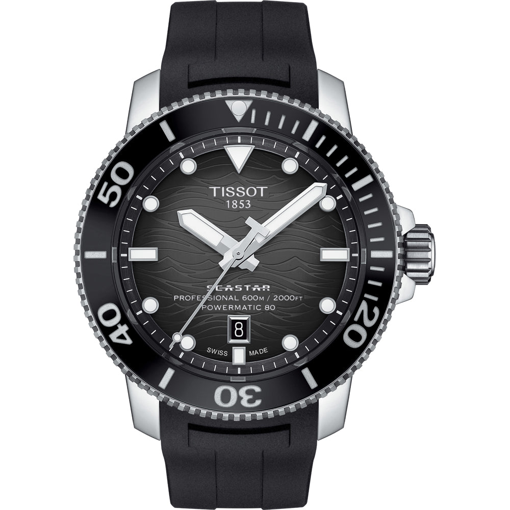 Taucheruhr mit schwarzem Zifferblatt, schwarzer Lünette und schwarzem Silikonarmband