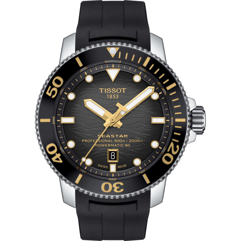 Taucheruhr mit schwarzem Zifferblatt, goldenen Indizes und schwarzem Silikonarmband